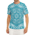 Teal And White Mandala Print Men's Short Sleeve Rash Guard