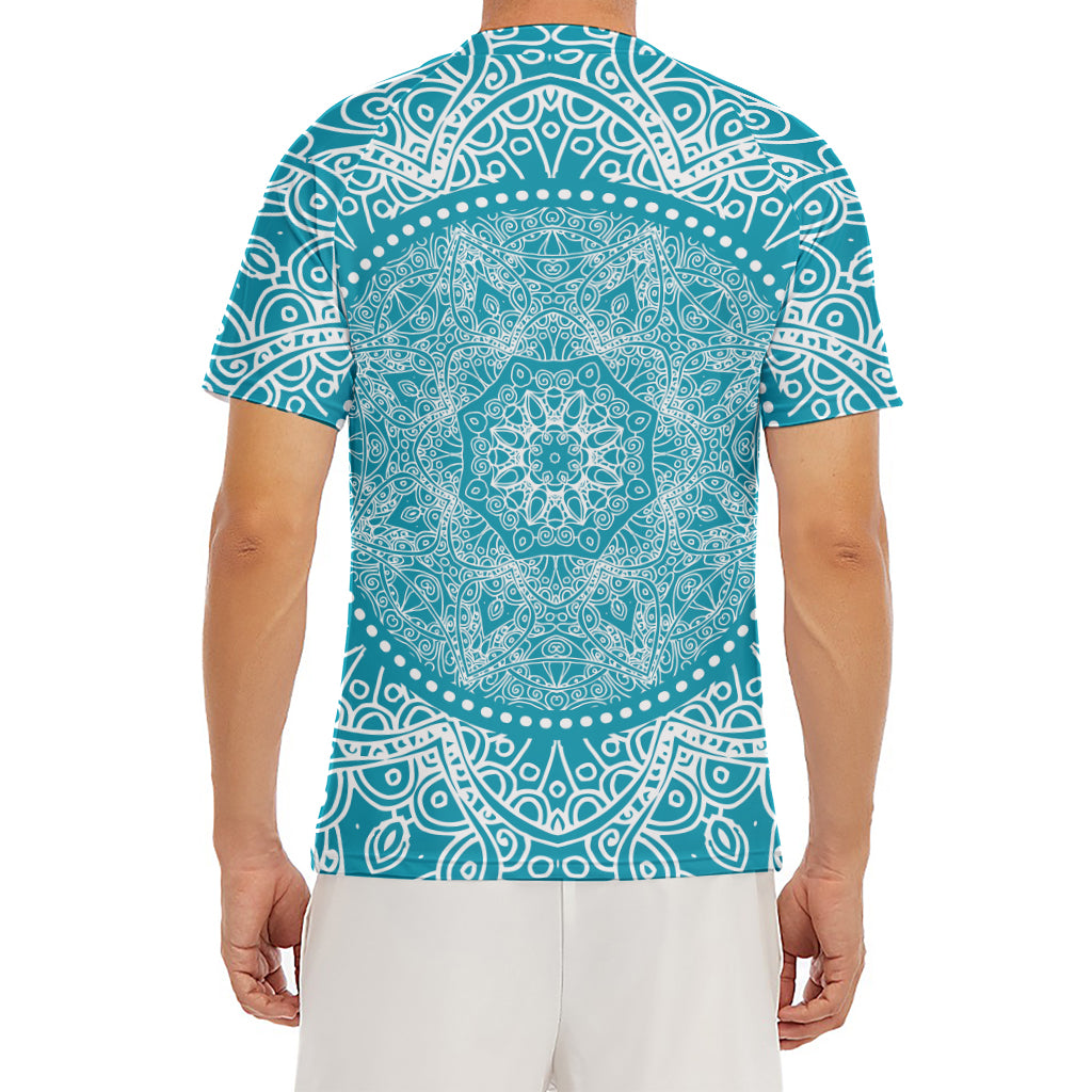 Teal And White Mandala Print Men's Short Sleeve Rash Guard