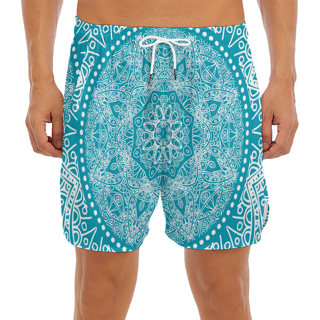 Teal And White Mandala Print Men's Split Running Shorts