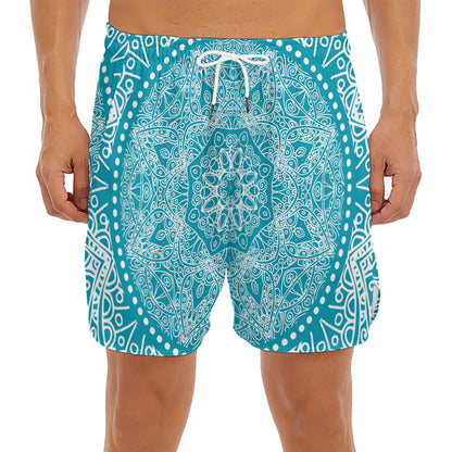 Teal And White Mandala Print Men's Split Running Shorts