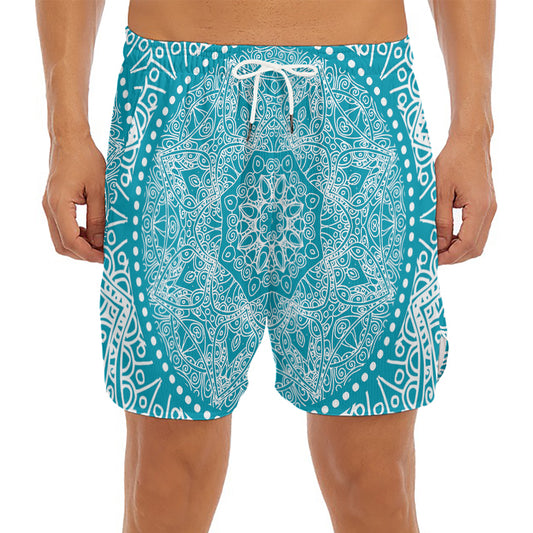 Teal And White Mandala Print Men's Split Running Shorts