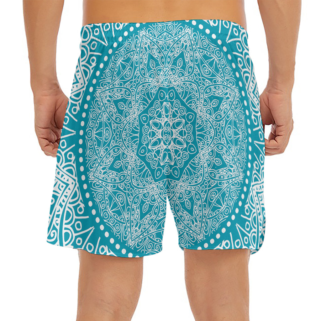 Teal And White Mandala Print Men's Split Running Shorts