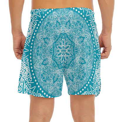 Teal And White Mandala Print Men's Split Running Shorts