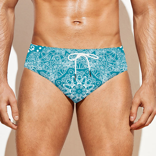 Teal And White Mandala Print Men's Swim Briefs