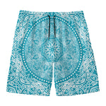 Teal And White Mandala Print Men's Swim Trunks