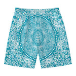 Teal And White Mandala Print Men's Swim Trunks