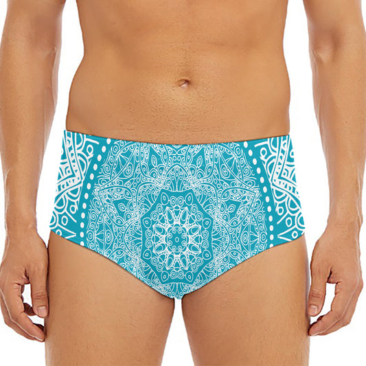 Teal And White Mandala Print Men's Triangle Swim Briefs