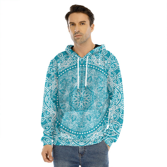 Teal And White Mandala Print Men's Velvet Pullover Hoodie