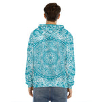 Teal And White Mandala Print Men's Velvet Pullover Hoodie