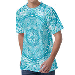 Teal And White Mandala Print Men's Velvet T-Shirt
