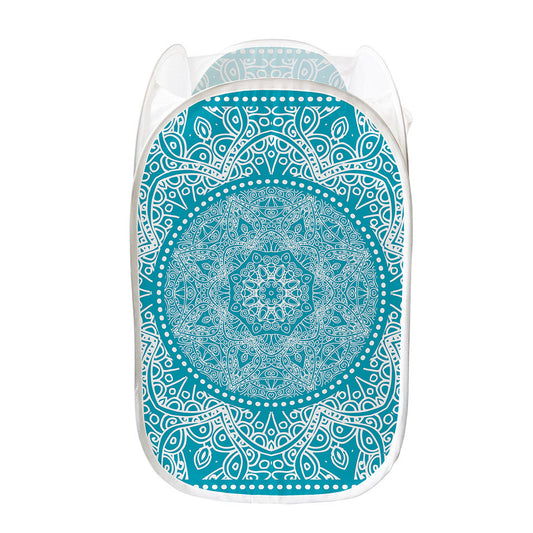 Teal And White Mandala Print Mesh Laundry Hamper