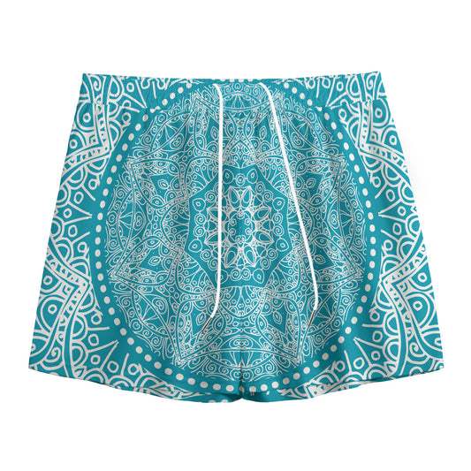 Teal And White Mandala Print Mesh Shorts