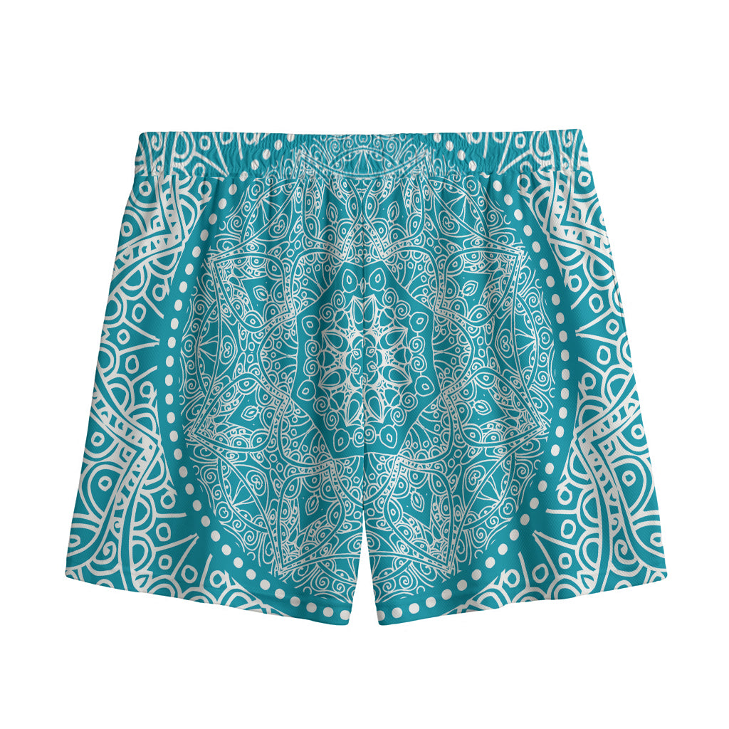Teal And White Mandala Print Mesh Shorts