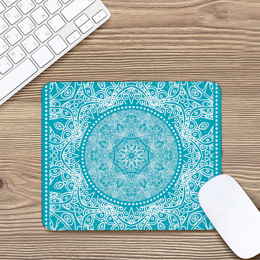 Teal And White Mandala Print Mouse Pad