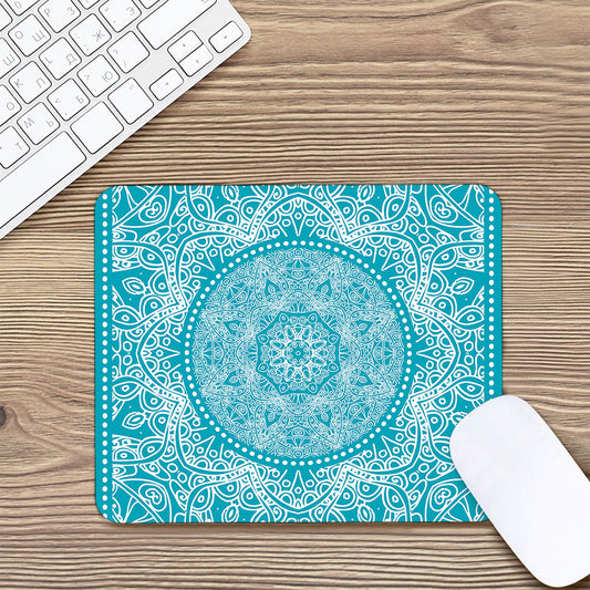 Teal And White Mandala Print Mouse Pad