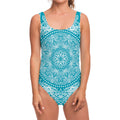Teal And White Mandala Print One Piece Swimsuit