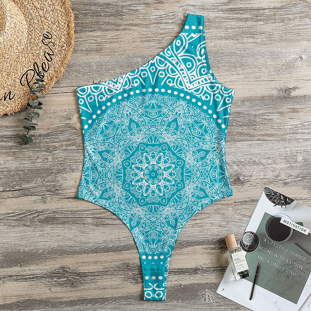 Teal And White Mandala Print One Shoulder Bodysuit