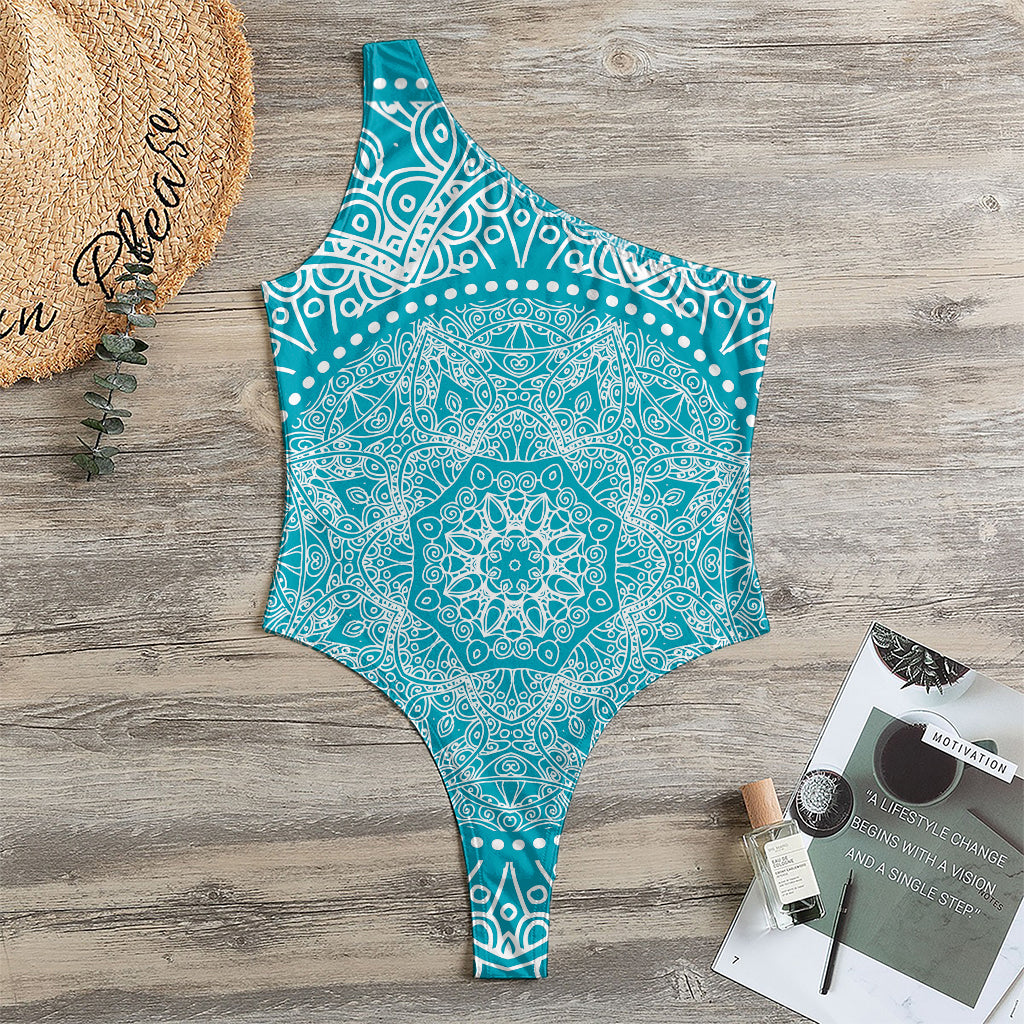 Teal And White Mandala Print One Shoulder Bodysuit