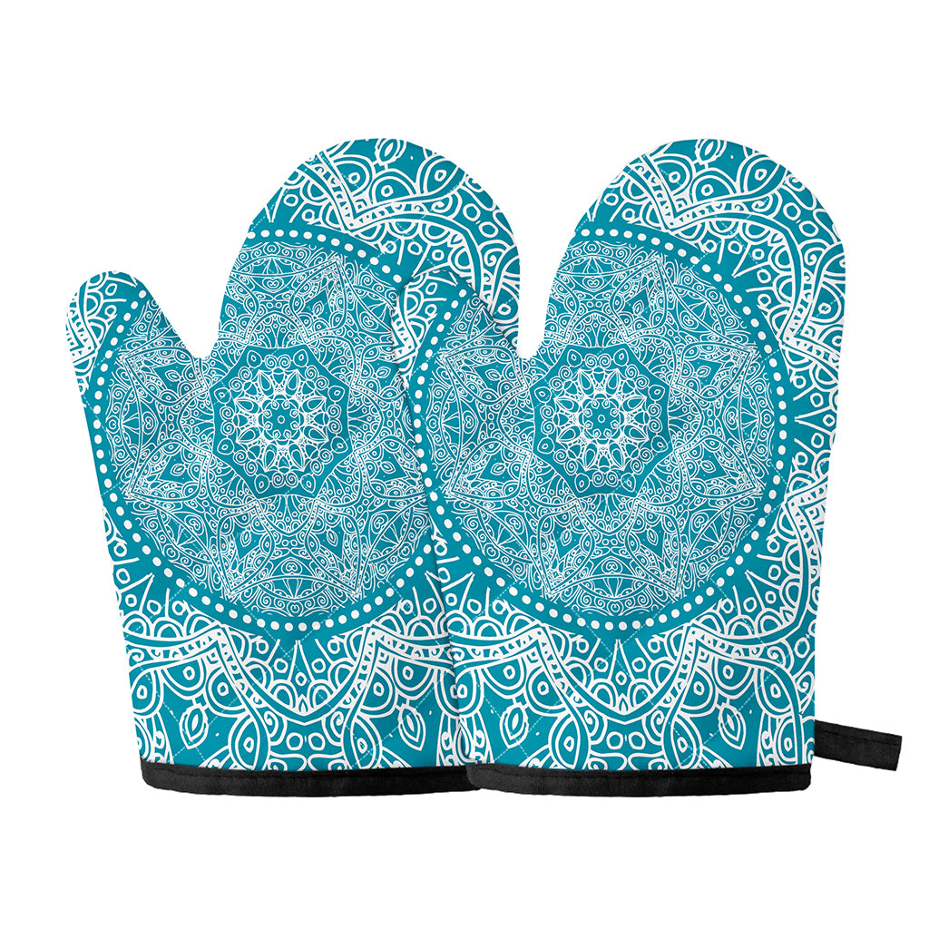 Teal And White Mandala Print Oven Mitts
