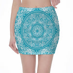 Teal And White Mandala Print Pencil Mini Skirt