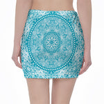 Teal And White Mandala Print Pencil Mini Skirt