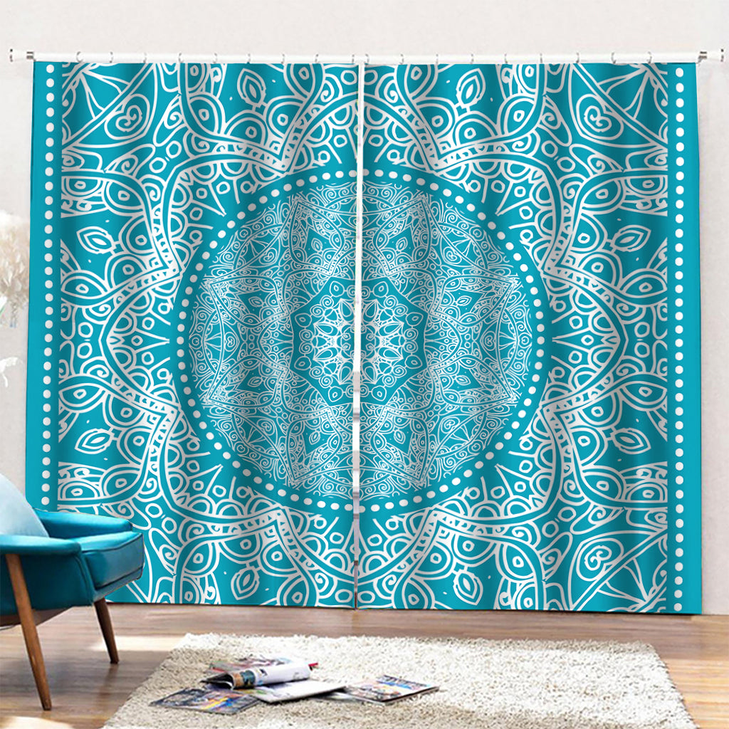 Teal And White Mandala Print Pencil Pleat Curtains