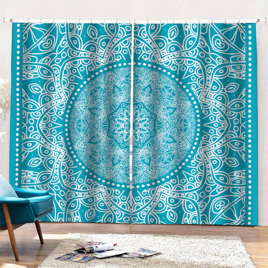 Teal And White Mandala Print Pencil Pleat Curtains