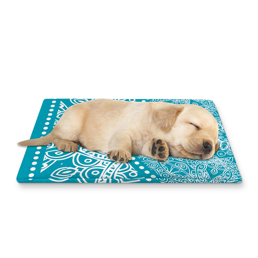 Teal And White Mandala Print Pet Cooling Mat Cover