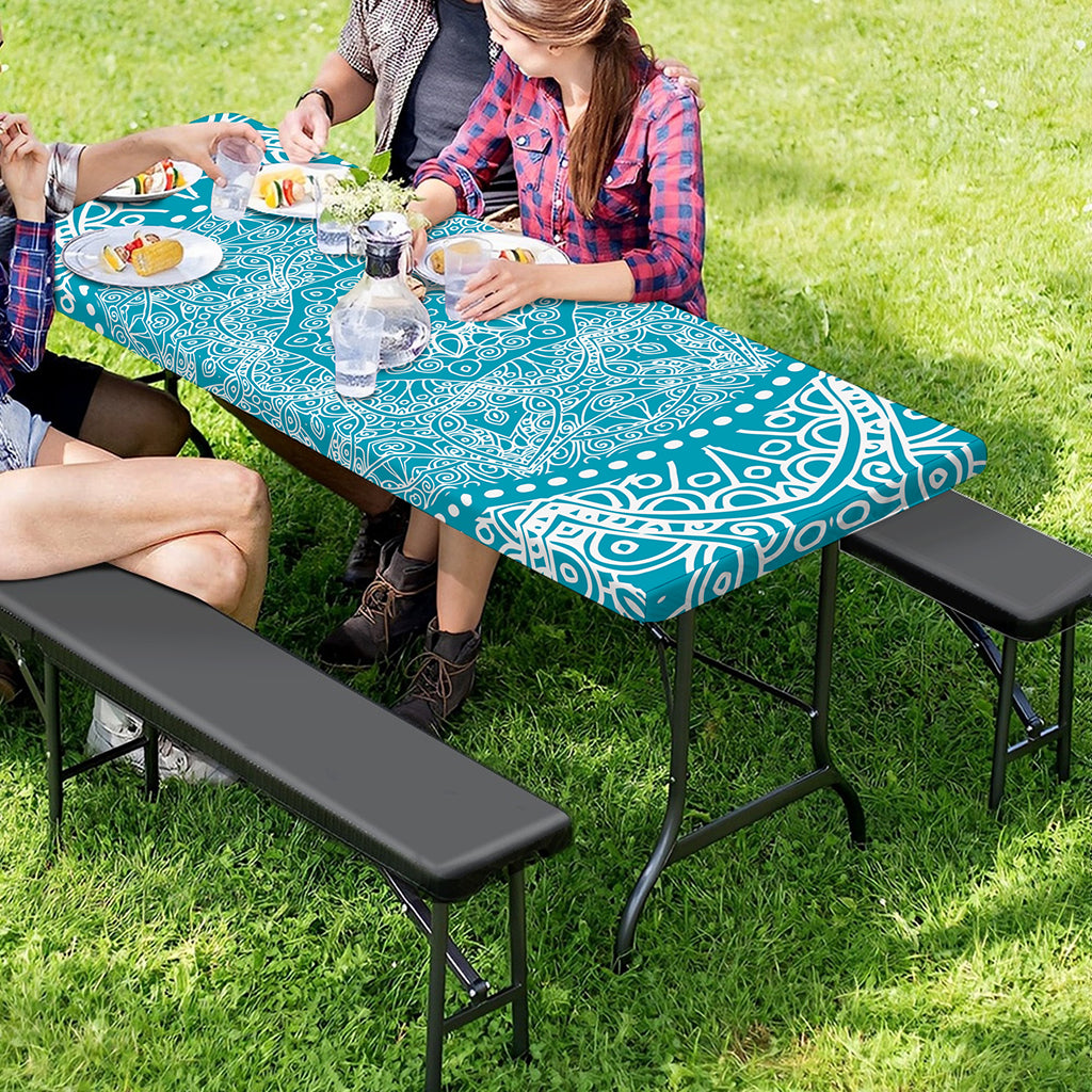 Teal And White Mandala Print Picnic Table Cover