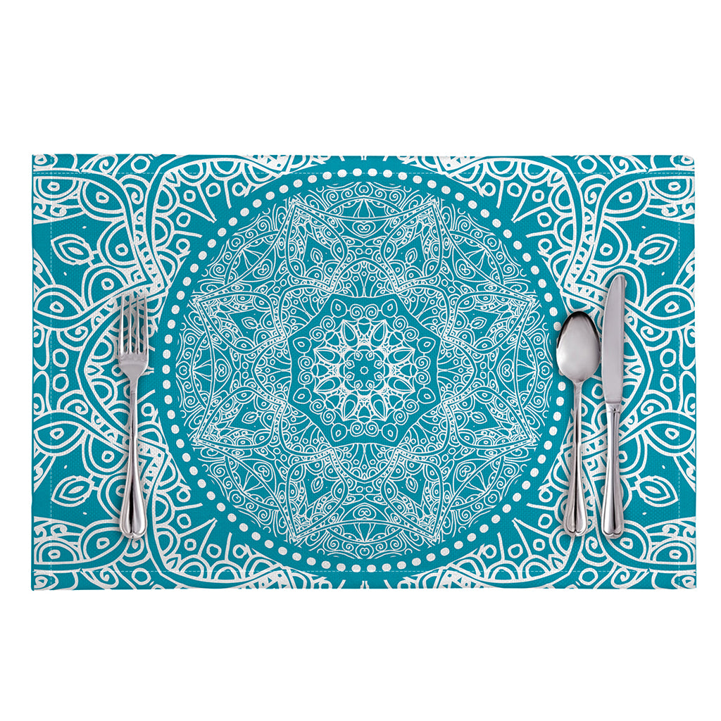 Teal And White Mandala Print Placemat