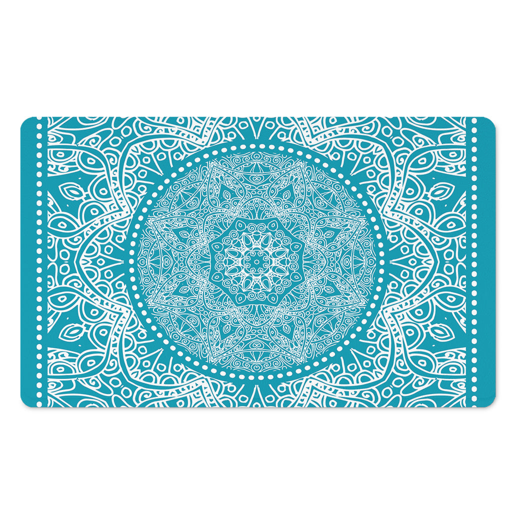 Teal And White Mandala Print Polyester Doormat