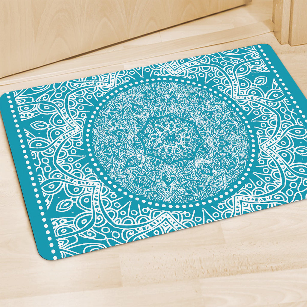 Teal And White Mandala Print Polyester Doormat