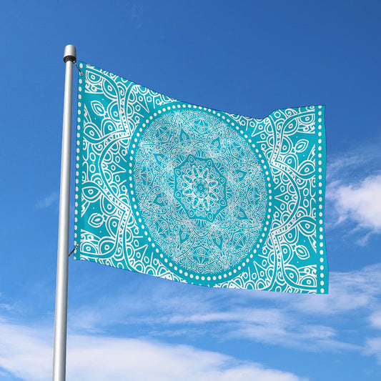 Teal And White Mandala Print Polyester Flag
