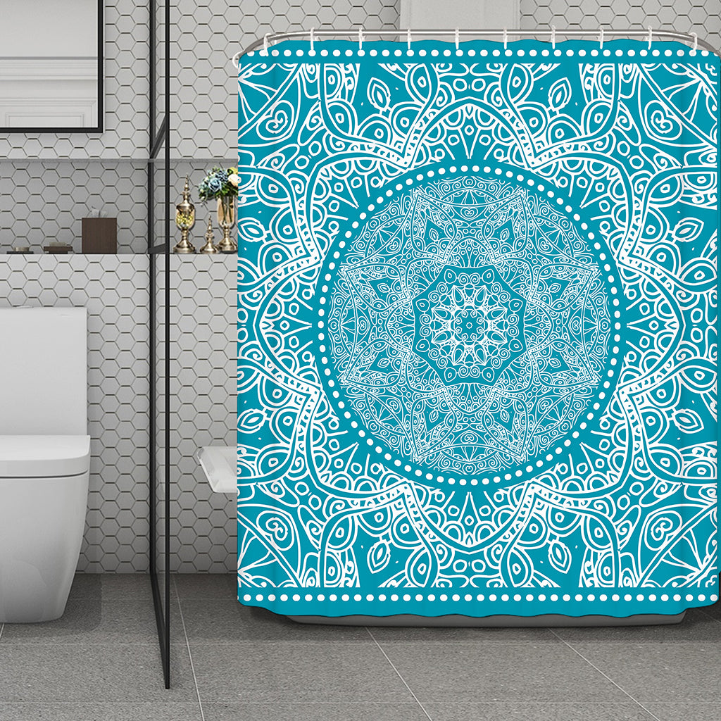 Teal And White Mandala Print Polyester Shower Curtain