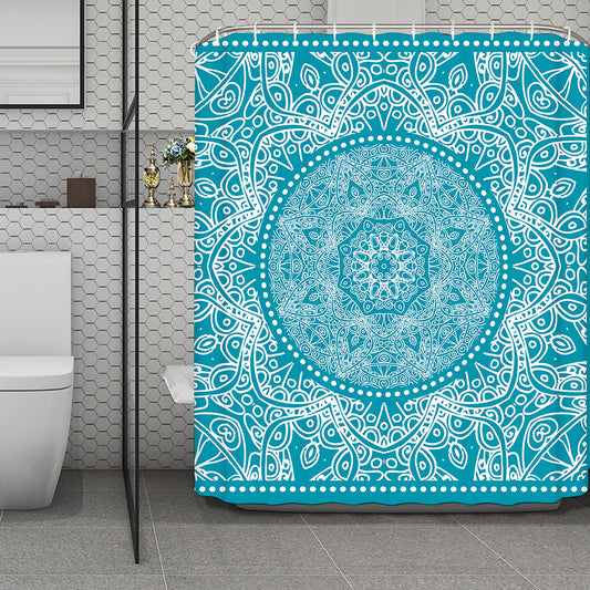 Teal And White Mandala Print Polyester Shower Curtain