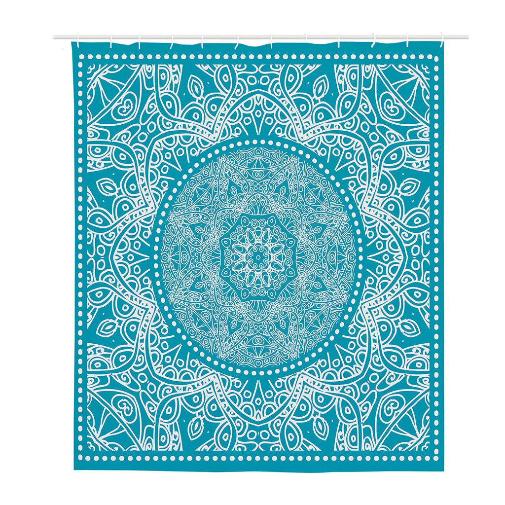 Teal And White Mandala Print Polyester Shower Curtain