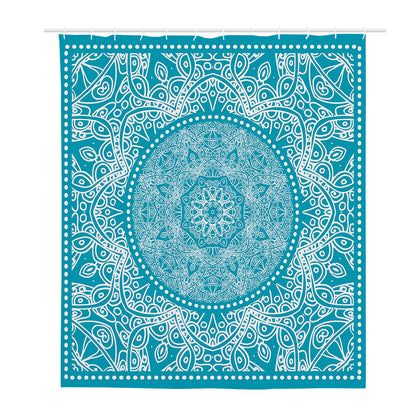 Teal And White Mandala Print Polyester Shower Curtain