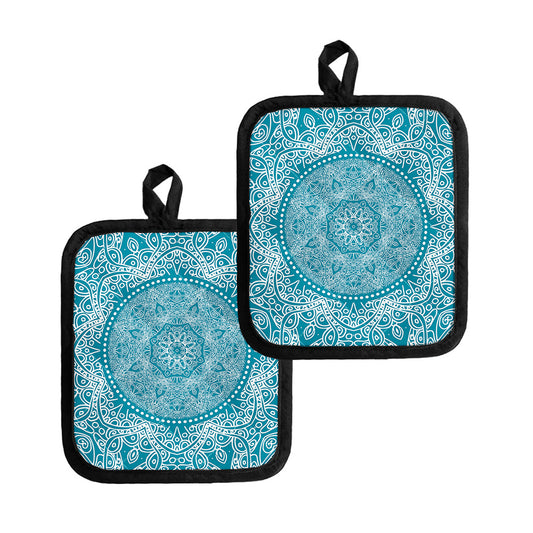 Teal And White Mandala Print Pot Holders
