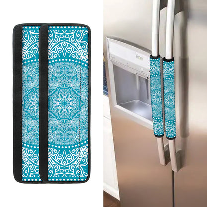 Teal And White Mandala Print Refrigerator Handle Covers