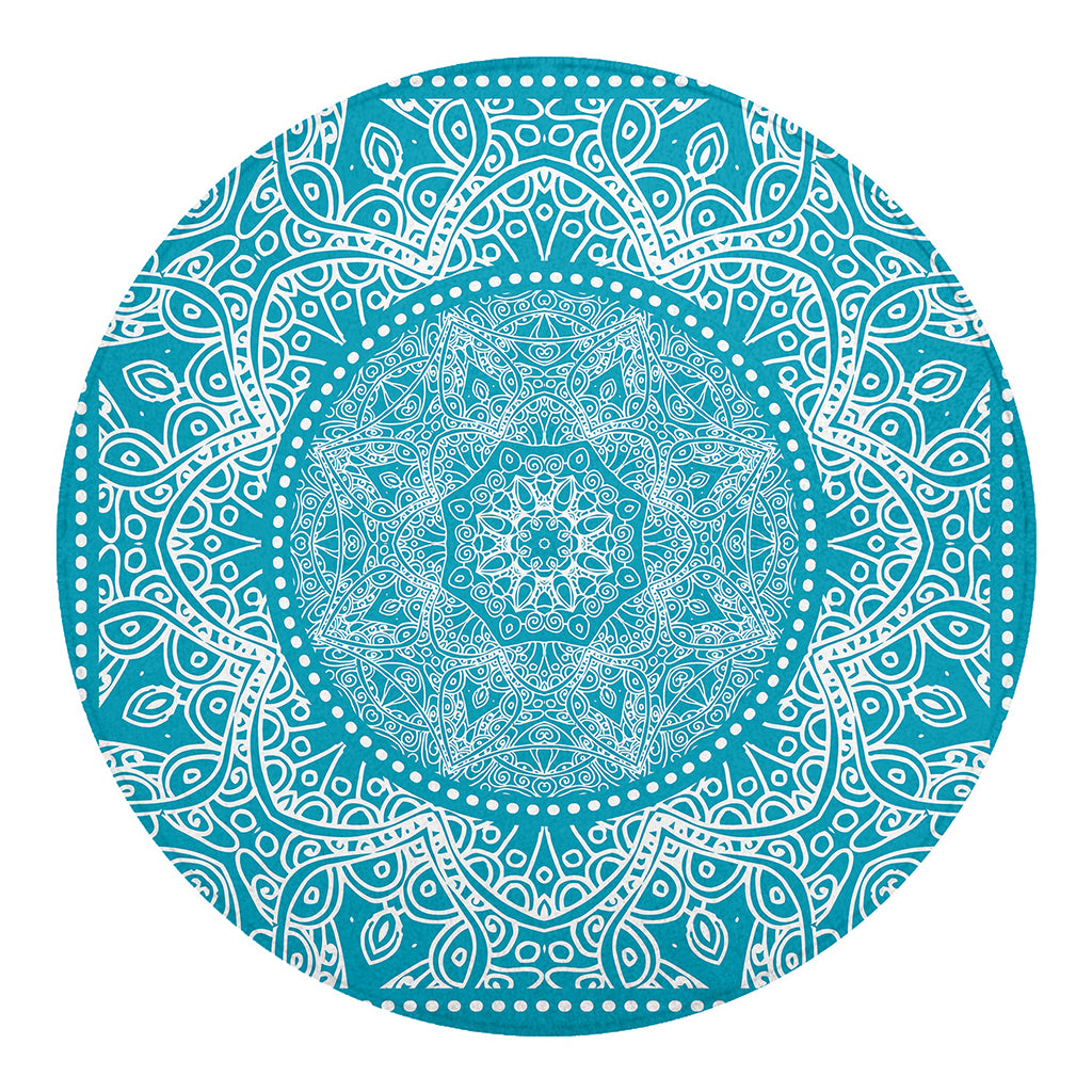 Teal And White Mandala Print Round Blanket