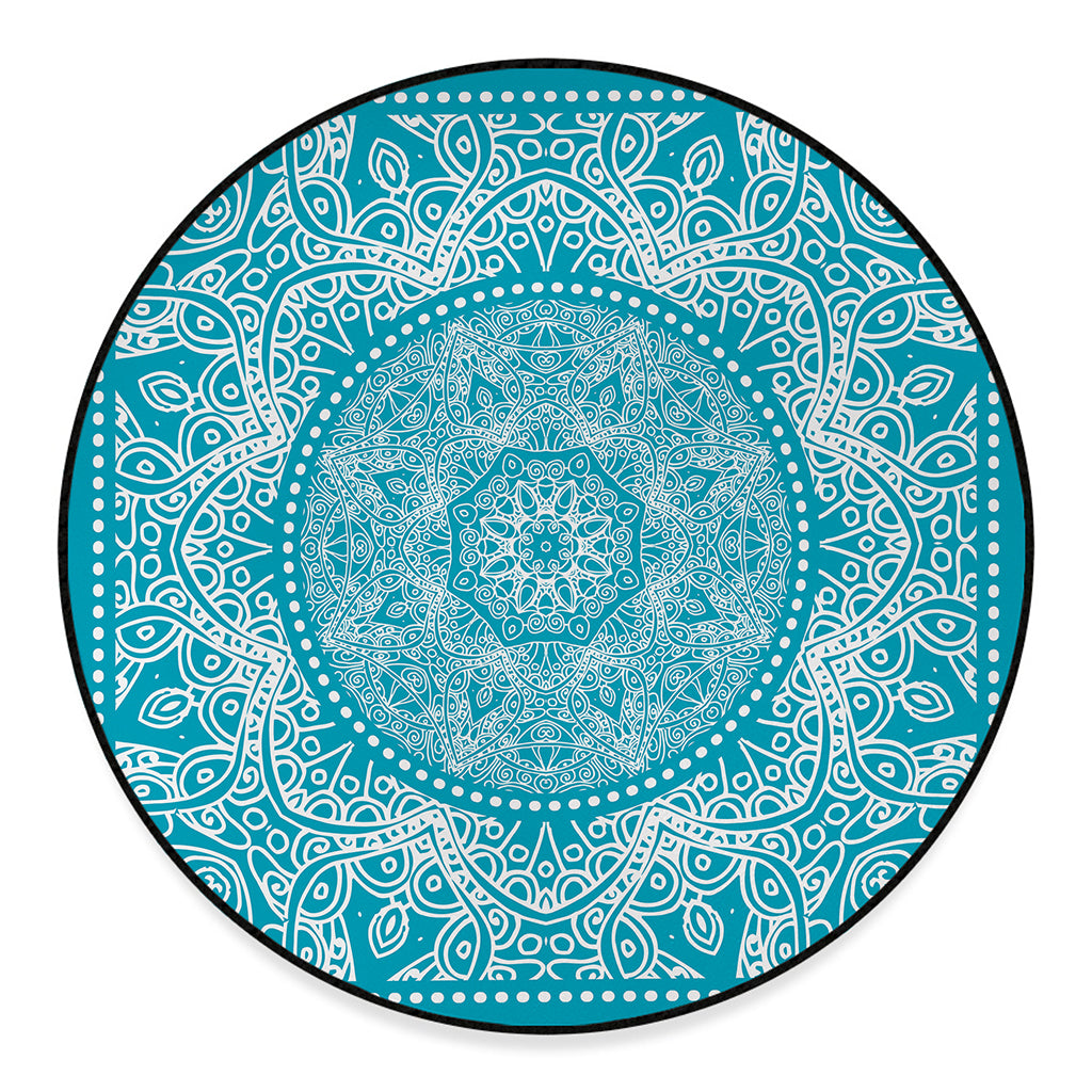 Teal And White Mandala Print Round Floor Mat