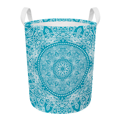 Teal And White Mandala Print Round Laundry Basket