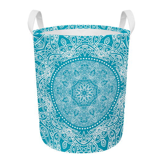 Teal And White Mandala Print Round Laundry Basket