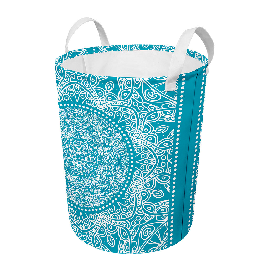 Teal And White Mandala Print Round Laundry Basket