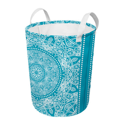 Teal And White Mandala Print Round Laundry Basket