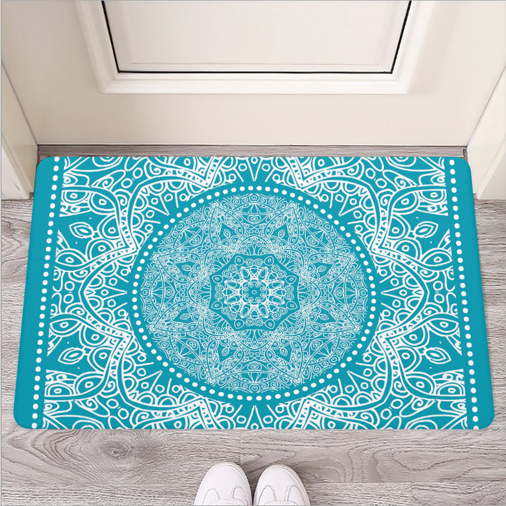 Teal And White Mandala Print Rubber Doormat