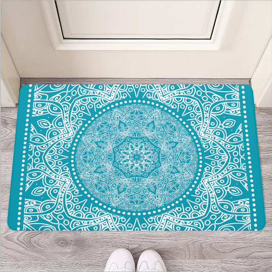 Teal And White Mandala Print Rubber Doormat