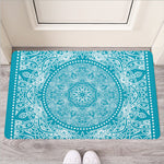 Teal And White Mandala Print Rubber Doormat