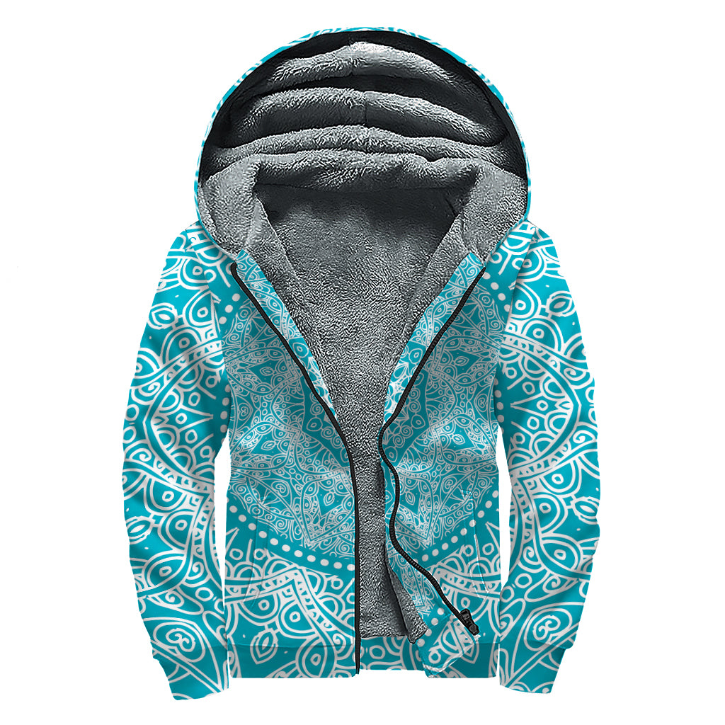 Teal And White Mandala Print Sherpa Lined Zip Up Hoodie