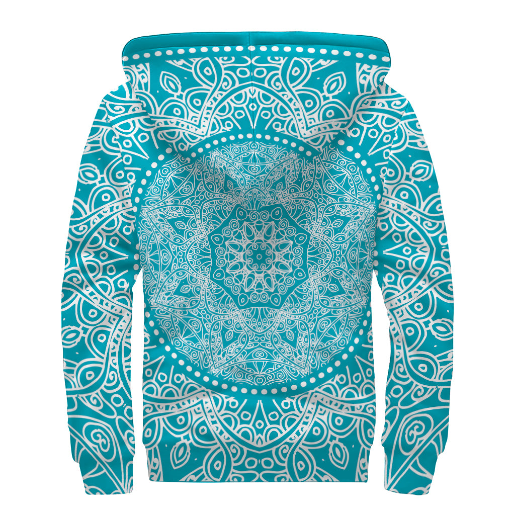 Teal And White Mandala Print Sherpa Lined Zip Up Hoodie